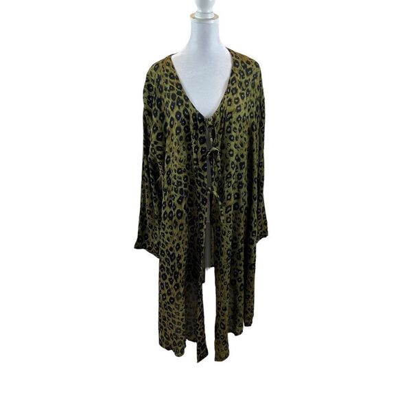 Chantik Brand Tie Front Green Leopard Print Long Sleeve Duster Top Size XL - Picture 1 of 11